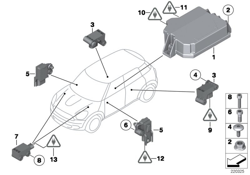 Электрические детали НПБ для MINI R55 Cooper d W16 (схема запчастей)
