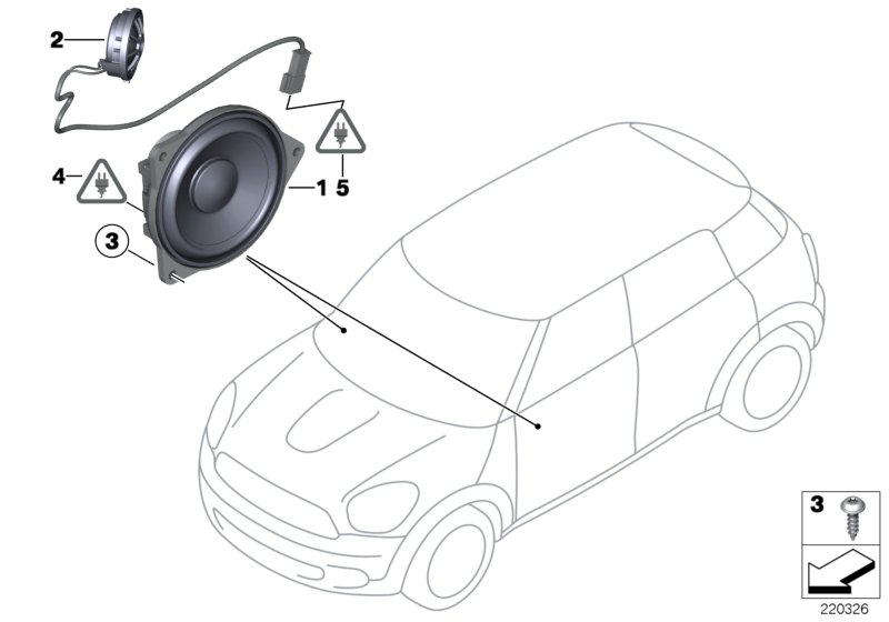Детали динамика в двери Пд для BMW R60 Cooper N16 (схема запчастей)