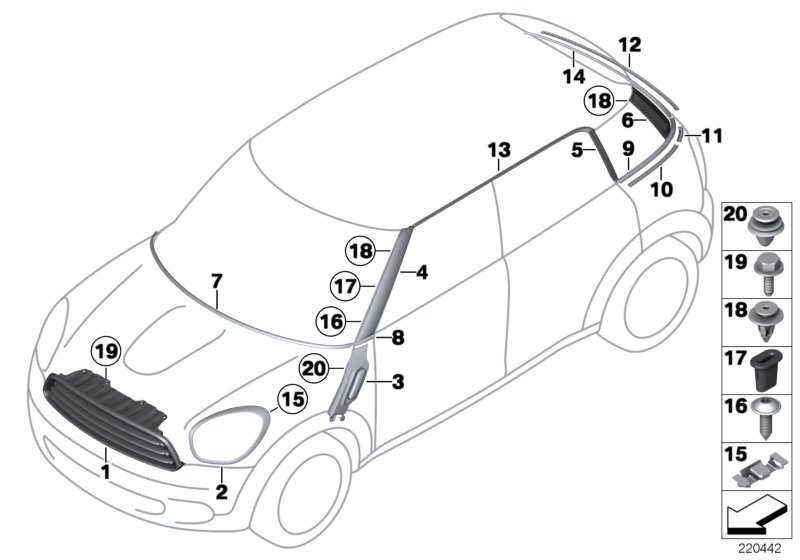Наружные накладки / декоративные решетки для BMW R60 Cooper D ALL4 2.0 N47N (схема запчастей)