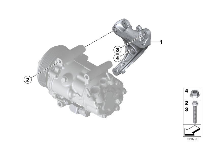 Элементы крепл.компрессора кондиционера для BMW R58 Coop.S JCW N18 (схема запчастей)