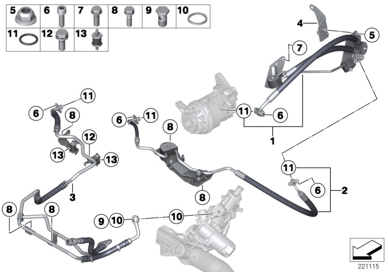 Маслопроводы/Adaptive Drive+акт.руль для BMW F15 X5 30dX N57N (схема запчастей)