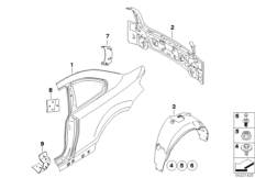 Крыло/облицовка задней части для BMW E82 120i N46N (схема запасных частей)