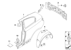 Крыло/облицовка задней части для BMW E81 120i N43 (схема запасных частей)