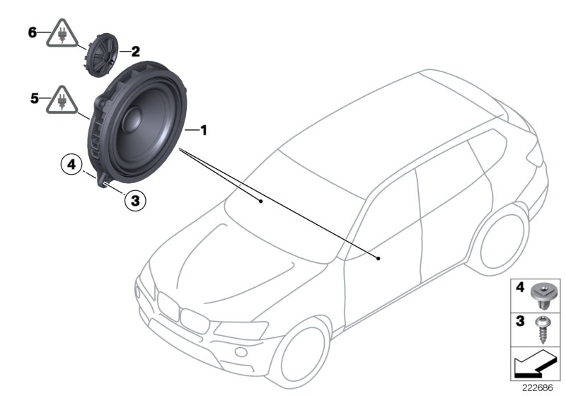 Детали динамика в двери Пд для BMW F26 X4 20iX N20 (схема запчастей)