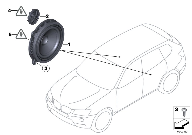 Детали динамика в двери Зд для BMW F25 X3 20dX B47 (схема запчастей)