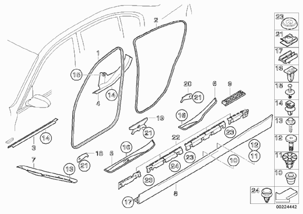 Защитная окантовка/накладка порога для BMW E90 325d M57N2 (схема запчастей)