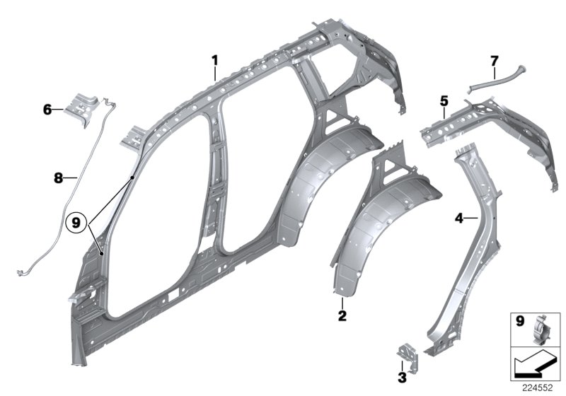 Детали бокового каркаса для BMW F25 X3 18d N47N (схема запчастей)