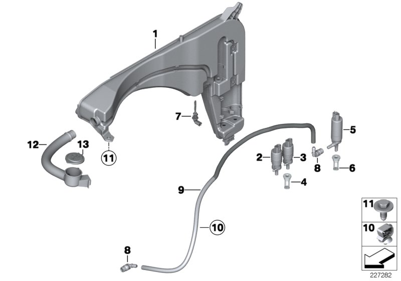 Бачок стеклоомывателя/омывателя фар для BMW F25 X3 18i N20 (схема запчастей)