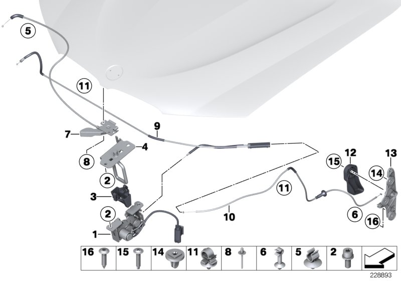 Система замков капота для BMW F26 X4 20iX N20 (схема запчастей)