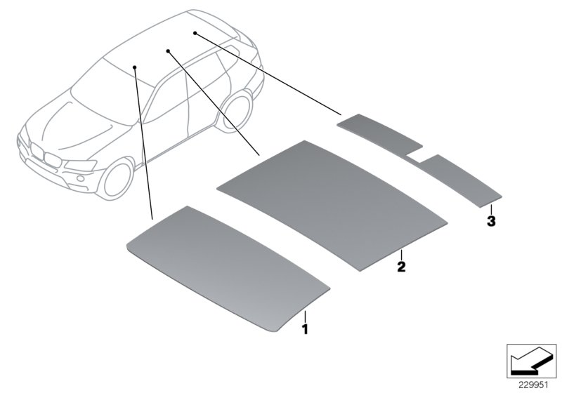 Звукоизоляция крыши для BMW F25 X3 35iX N55 (схема запчастей)