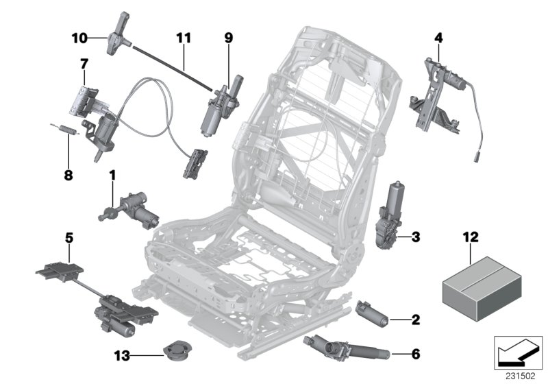 Сиденье Пд, э/оборудование и приводы для BMW F07 535iX N55 (схема запчастей)