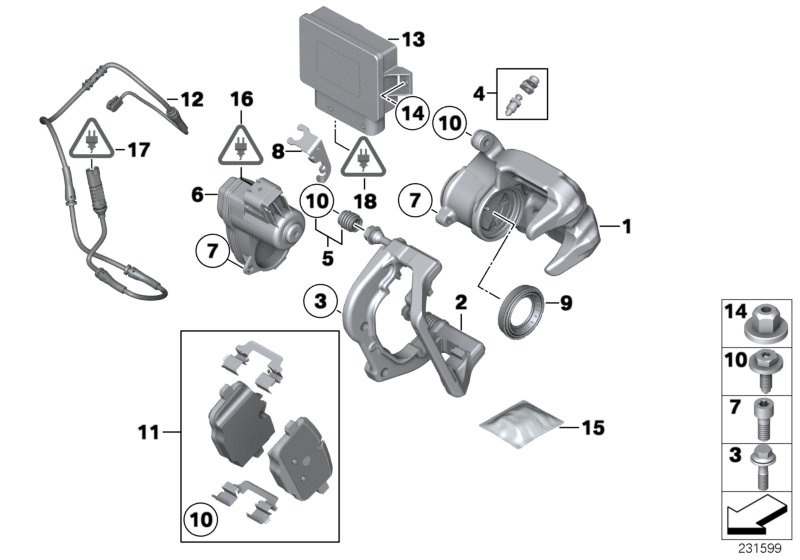 Задний тормоз - блок управления EMF для BMW F25 X3 20dX B47 (схема запчастей)