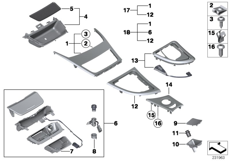 Доп.элементы центральной консоли для BMW E87 118i N46 (схема запчастей)