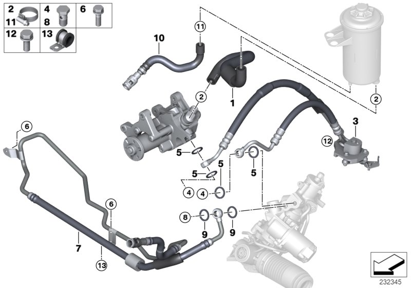 Маслопроводы гидроусилителя рул.управл. для BMW E71 X6 35dX M57N2 (схема запчастей)