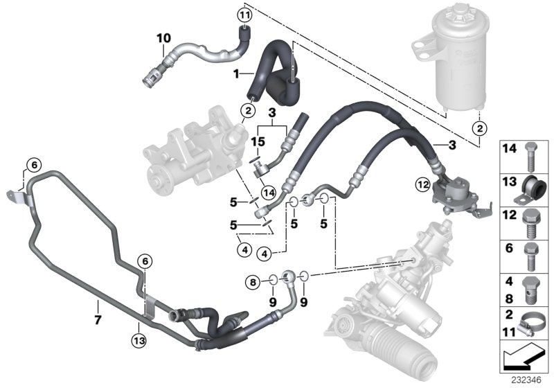 Маслопроводы гидроусилителя рул.управл. для BMW E70 X5 3.0d M57N2 (схема запчастей)