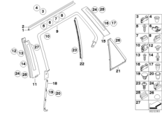 Накладки и уплотнения двери Зд для BMW E53 X5 3.0i M54 (схема запасных частей)