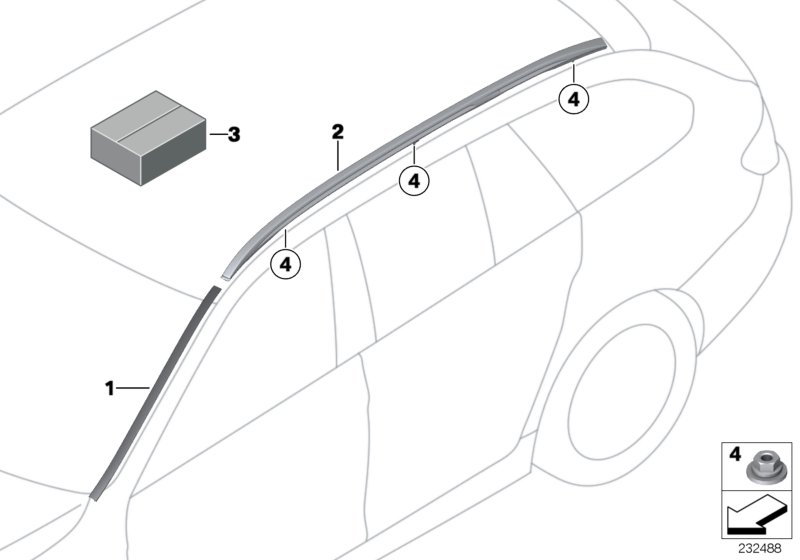 Дооснащение полозьями багажника на крыше для BMW F11N 535i N55 (схема запчастей)