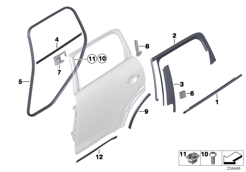 Накладки и уплотнения двери Зд для BMW R60 Cooper S N18 (схема запчастей)