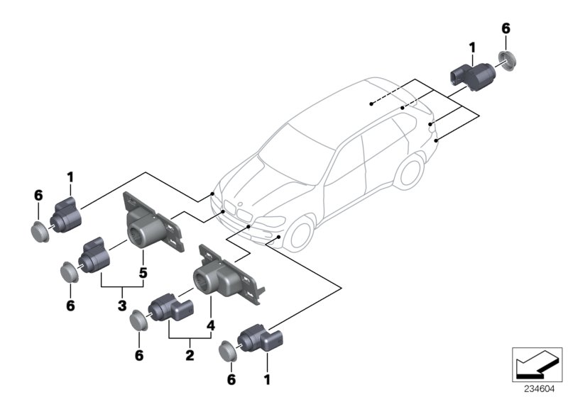Ультразвуковой датчик для BMW E70 X5 3.0sd M57N2 (схема запчастей)