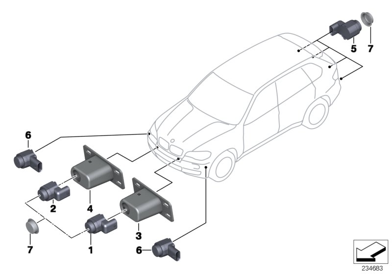 Ультразвуковой датчик для BMW E70N X5 40dX N57S (схема запчастей)