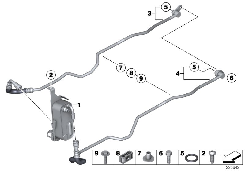 Теплообменник/трубопровод радиатора КПП для BMW F25 X3 28iX N52N (схема запчастей)