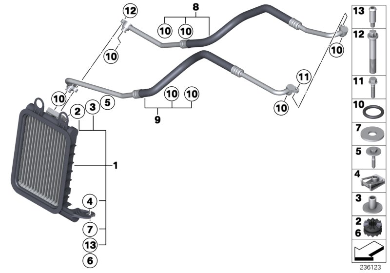 Маслян.радиатор/трубопр.масл.радиатора для BMW F26 X4 35iX N55 (схема запчастей)