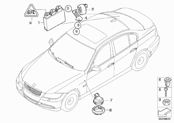 Сигнализация авар.сближен.при парк.(PDC) для BMW E91N 318i N43 (схема запчастей)