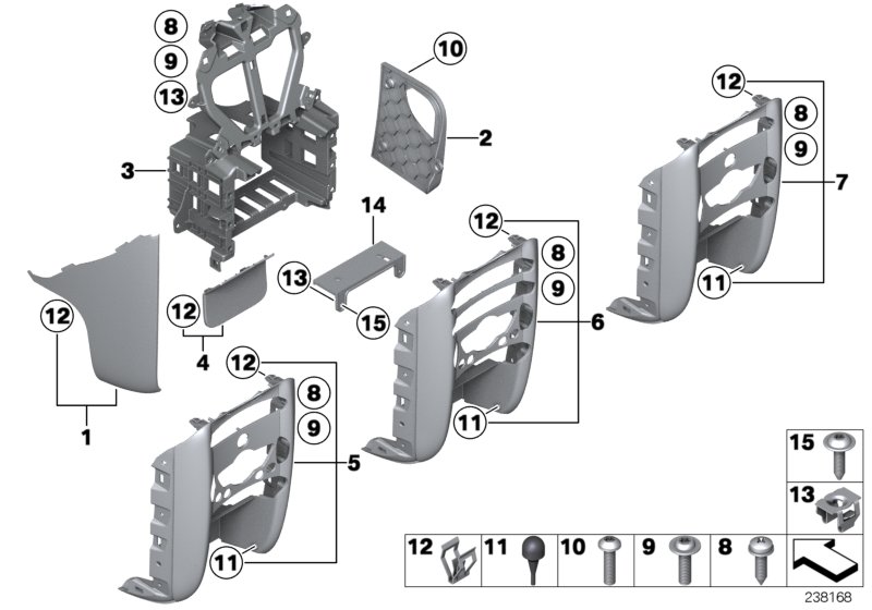 Доп.элементы панели приборов Нж. для BMW R55N Cooper D 1.6 N47N (схема запчастей)
