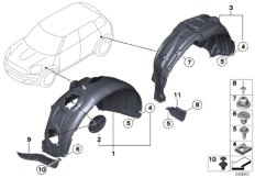 Защитный кожух колесной ниши для BMW R61 Cooper D ALL4 1.6 N47N (схема запасных частей)