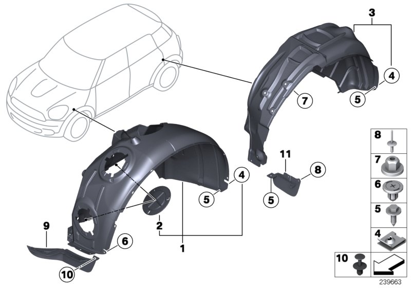 Защитный кожух колесной ниши для BMW R60 Cooper D ALL4 2.0 N47N (схема запчастей)