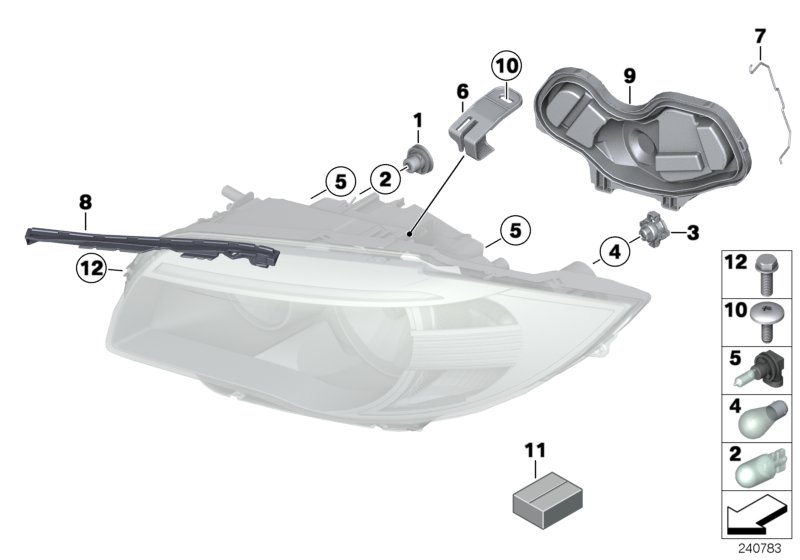 Детали фары для BMW E82 118d N47 (схема запчастей)