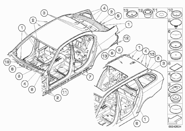 Пробки/заглушки для BMW E61N 525i N52N (схема запчастей)