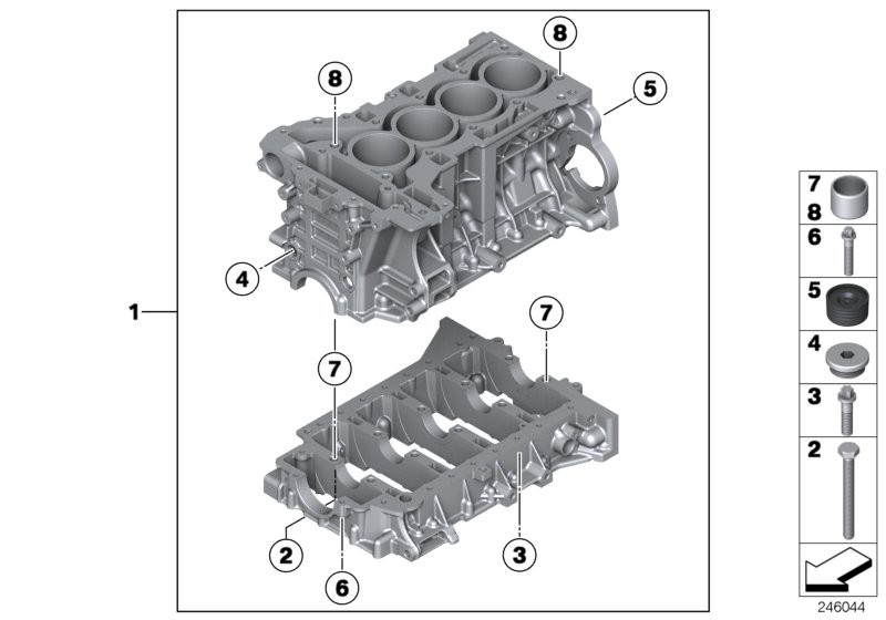 Блок-картер двигателя для BMW F10 528iX N20 (схема запчастей)