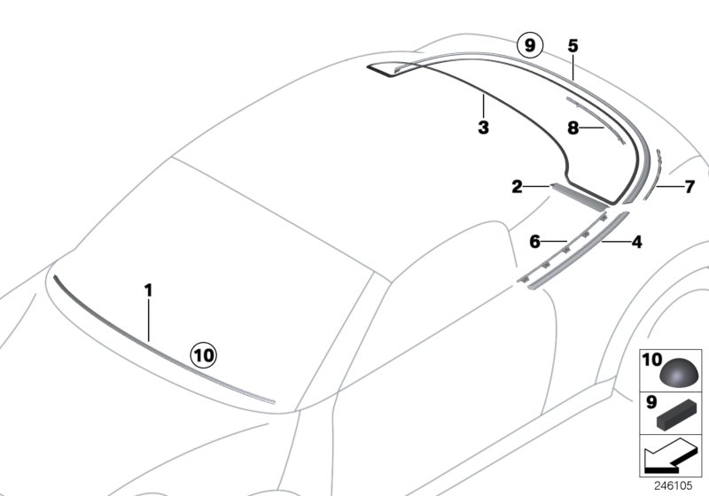 Остекление, дополнительные элементы для BMW R59 Coop.S JCW N14 (схема запчастей)