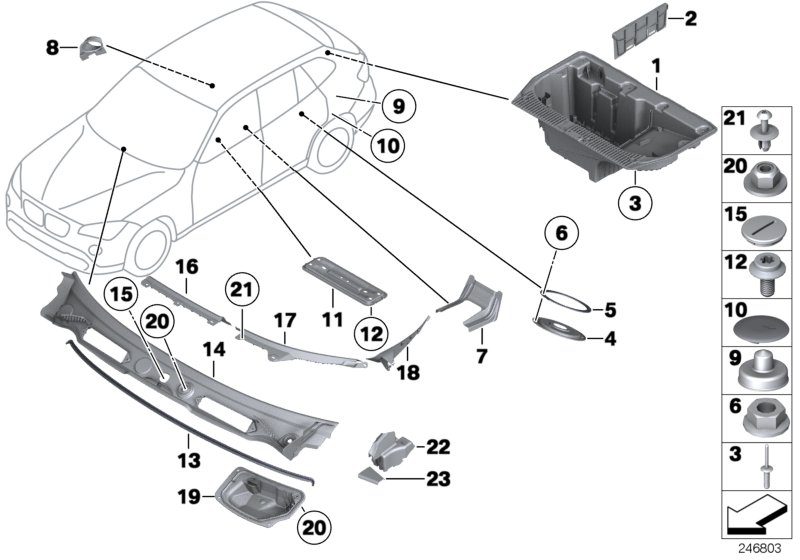 Монтажные детали, кузов для BMW E84 X1 25iX N52N (схема запчастей)