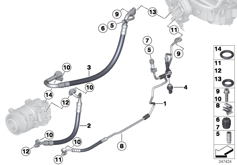 Трубопроводы хладагента для BMW F26 X4 30dX N57N (схема запчастей)
