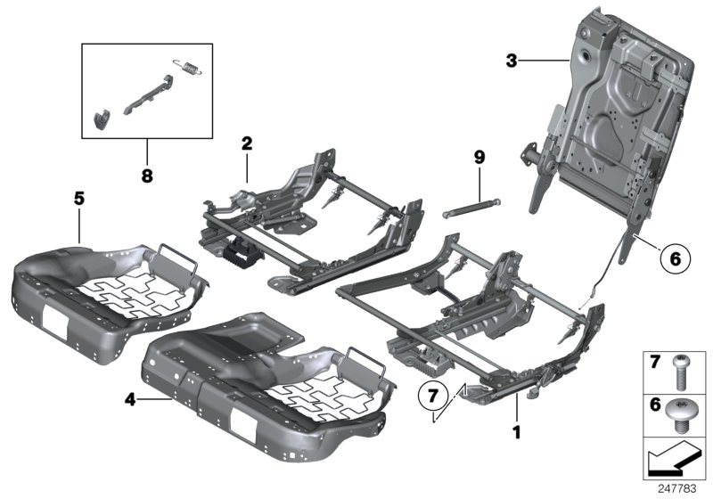 Каркас подушки заднего сиденья для BMW F07 550i N63N (схема запчастей)