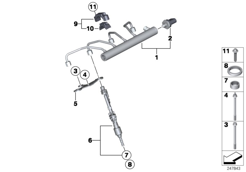 Магистраль Rail/форсунка/крепление для BMW F11 520i N20 (схема запчастей)