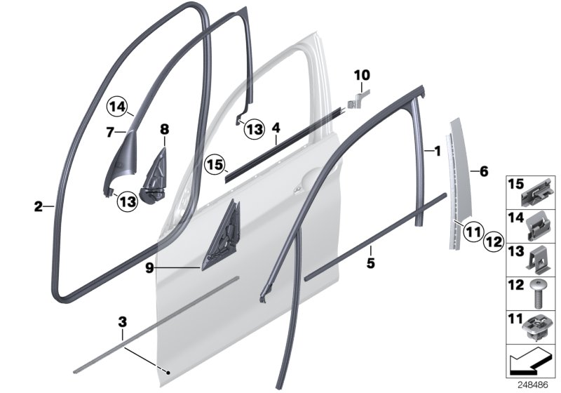 Накладки и уплотнения двери Пд для BMW F20N 116d B37 (схема запчастей)