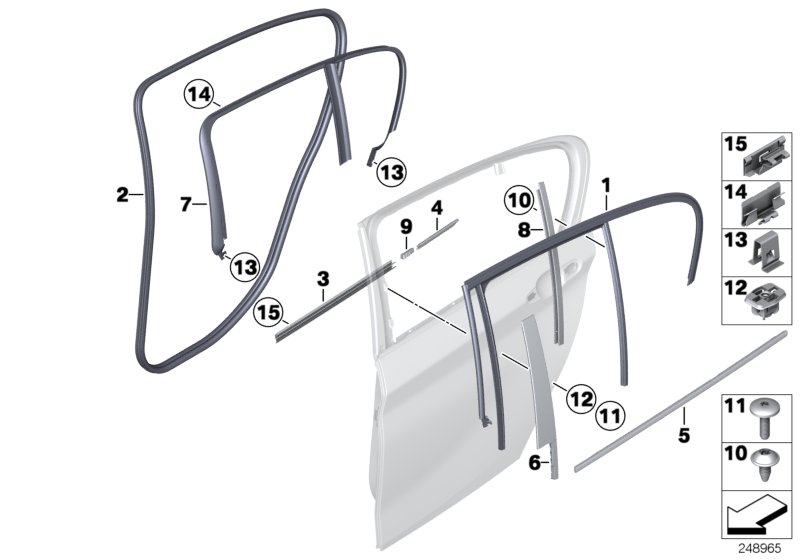 Накладки и уплотнения двери Зд для BMW F20N 118dX B47 (схема запчастей)