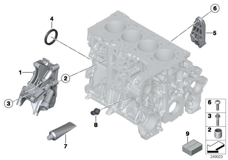 Блок цилиндров/дополнительные элементы для BMW R57N Cooper D 1.6 N47N (схема запчастей)