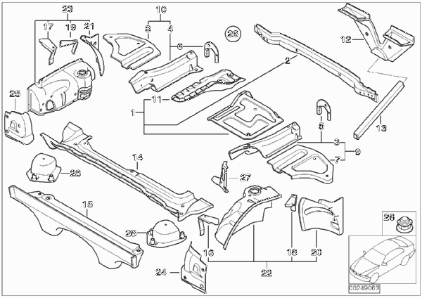 Пол багажника/брызговик Зд для BMW E86 Z4 M3.2 S54 (схема запчастей)