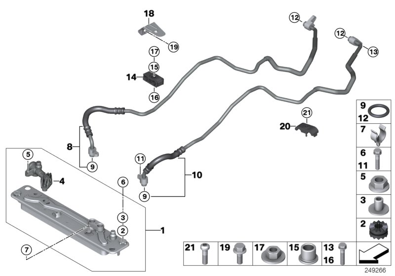 Теплообменник/трубопровод радиатора КПП для BMW E70 X5 3.0sd M57N2 (схема запчастей)