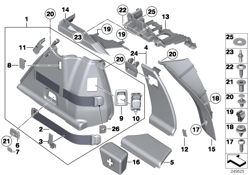 Обшивка багажного отделения П для BMW F07 550i N63 (схема запчастей)