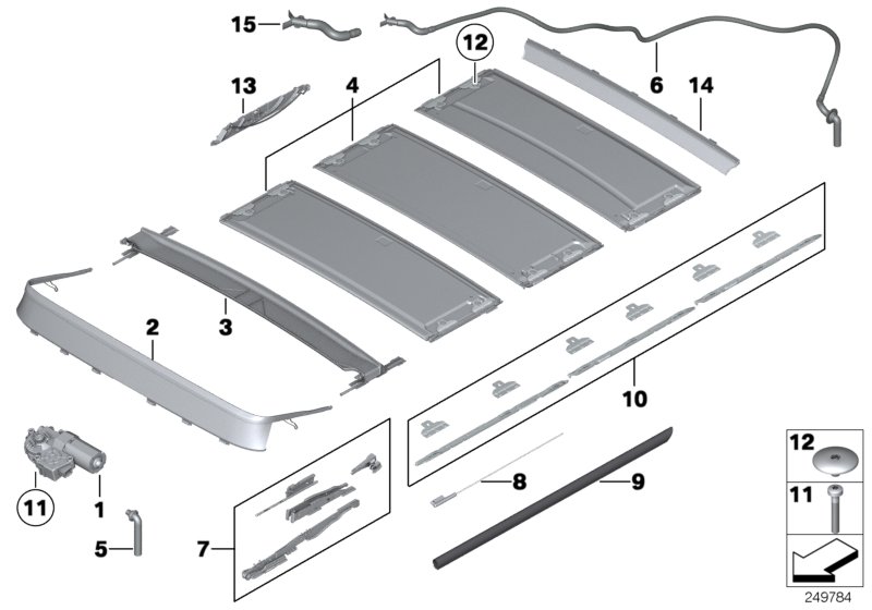 Детали панорамной крыши для BMW RR4 Ghost EWB N74R (схема запчастей)