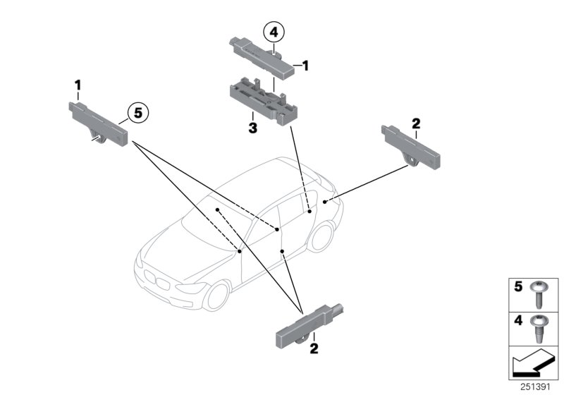 Детали антенны комфортного доступа для BMW F21N 116d B37 (схема запчастей)