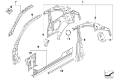 Детали бокового каркаса для BMW E82 118d N47 (схема запасных частей)