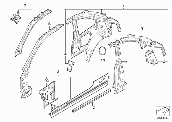 Детали бокового каркаса для BMW E82 120i N43 (схема запчастей)