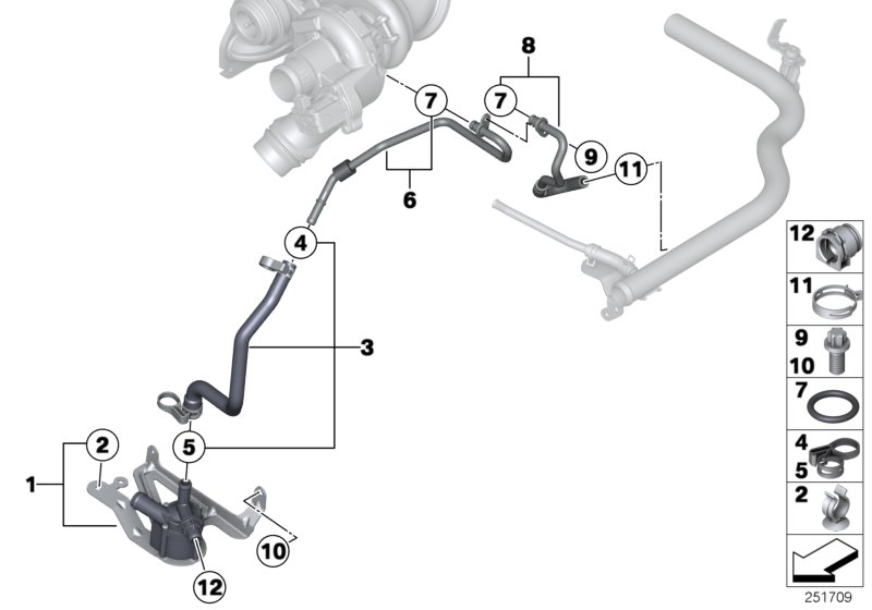 Система охлаждения-турбонагнетатель для BMW F21 118i N13 (схема запчастей)