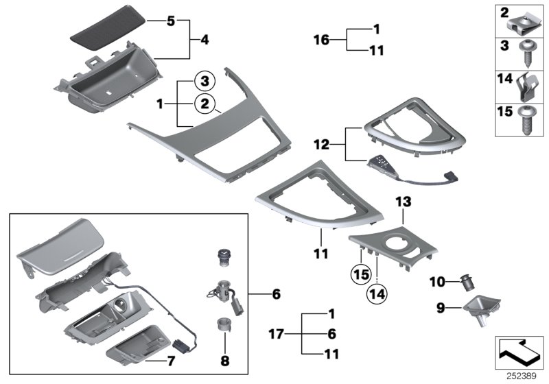 Доп.элементы центральной консоли для BMW E87N 123d N47S (схема запчастей)